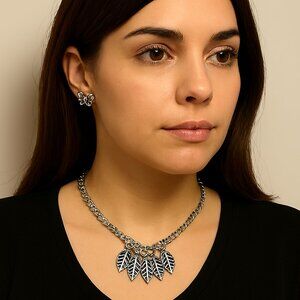 Silver-Tone Leaf Charm Necklace & Butterfly Stud Earrings Set – Nature Jewelry